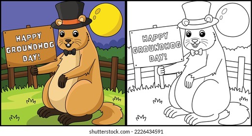 Groundhog with Hat Coloring Page Illustration