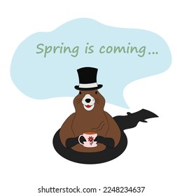 Groundhog in a hat with a cup coming out of his hole and a shadow with lettering Spring is coming