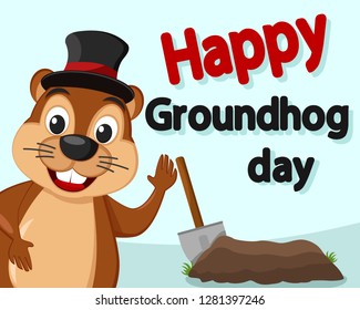 The Groundhog in the hat Peeps out smiling and waving his paw.