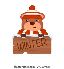 groundhog in hat  and scarf  holding wooden plate with winter text. cartoon vector illustration. isolated on white background