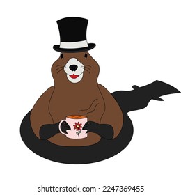 A Groundhog in a hat with a steaming cup in his paws coming out of his hole. Happy Groundhog day.