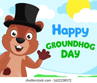 Groundhog in a hat waving his paw against the background of nature, space for text, copyspace. Groundhog day