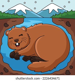 Groundhog Hibernating Colored Cartoon Illustration