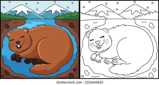 Groundhog Hibernating Coloring Page Illustration