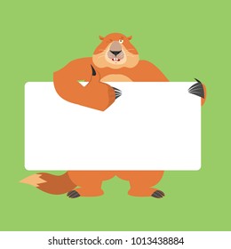 Groundhog holding banner blank. Woodchuck and white blank. Marmot thumb up and winks joyful emotion. place for text. Groundhog day Vector illustration