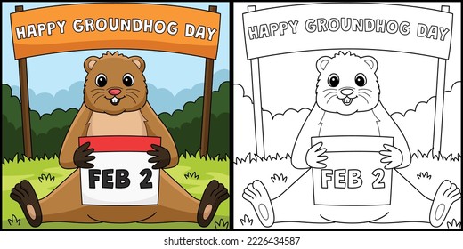 Groundhog Holding Calendar Coloring Illustration