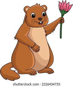 Groundhog Holding Flower Cartoon Colored Clipart 