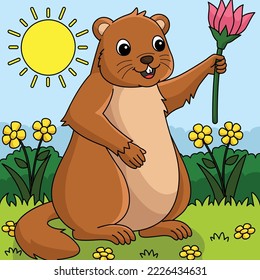 Groundhog Holding Flower Colored Illustration