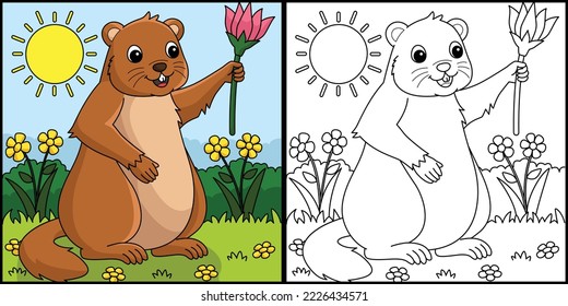 Groundhog Holding Flower Coloring Illustration