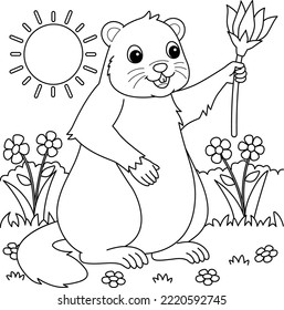 Groundhog Holding Flower Coloring Page for Kids