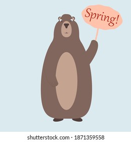 Groundhog holds a sign Spring. groundhog day on february 2. The groundhog came out of the hole and was not afraid. Vector illustration.