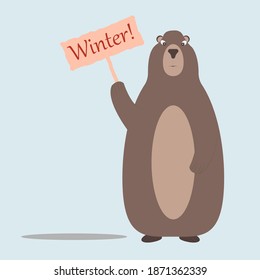 Groundhog holds a sign Winter. groundhog day on february 2.  Vector illustration. groundhog crawled out of the hole and saw his shadow. Groundhog was scared.