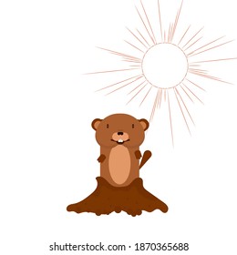 Groundhog from the hole in the background of the sun, vector art illustration.