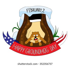 Groundhog in its hole. Happy groundhog day