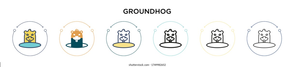 Groundhog icon in filled, thin line, outline and stroke style. Vector illustration of two colored and black groundhog vector icons designs can be used for mobile, ui, web