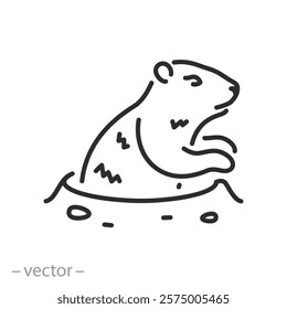 groundhog icon, head and torso groundhog, marmot crawls out of the hole, thin line symbol on white background - editable stroke vector illustration