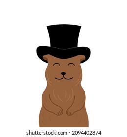 Groundhog Isolated. Cute Cartoon Happy Marmot In Black Hat. Vector Flat Illustration