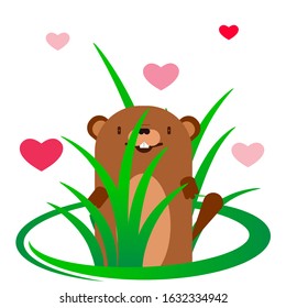 Groundhog on a background of red hearts, vector art illustration.