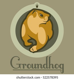 Groundhog on a gray background with a crown. The inscription marmot. Traditional folk festival in the United States and Canada Groundhog Day on 2 February. Place for your text. For use as a logo.