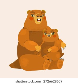 Padre de la marmota con el cachorro que se sienta junto Ilustración vectorial plana en colores naturales calientes Aislado en fondo claro Concepto de la familia libros de los niños decoración del vivero storytelling diseño de impresión.
