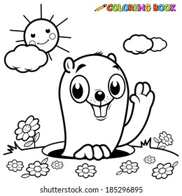 A groundhog peeking out of a hole in the ground. Vector black and white coloring page.