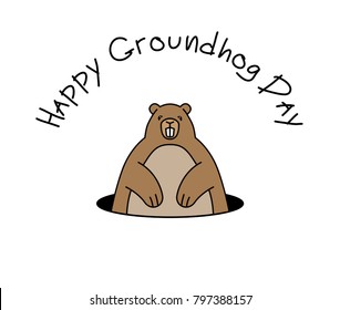 Groundhog peeps out of hole and words Happy Groundhog Day on white background