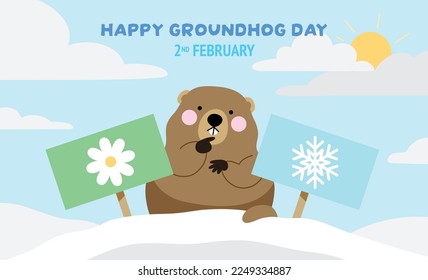 Groundhog Phil on his snowy burrow choosing between spring and winter. Sun hidden by clouds. Groundhog Day greeting banner on 2 February.