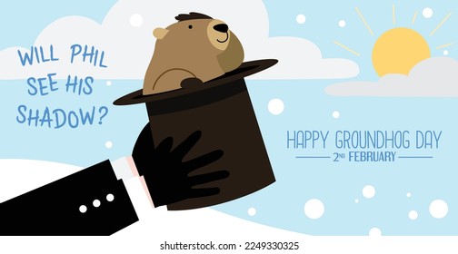 Groundhog Phil popping from a  top hat hold by a man. Groundhog day February 2 banner vector illustration.