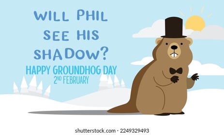 Groundhog Phil wearing a top hat on snowy land with shadow on the ground. Happy groundhog day greeting vector illustration banner or card on 2nd February.