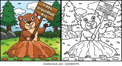 Groundhog with Placard Coloring Page Illustration