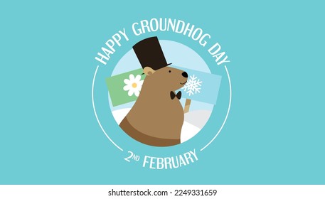 Groundhog profile wearing a top hat greeting banner. February 2 groundhog day predictions.