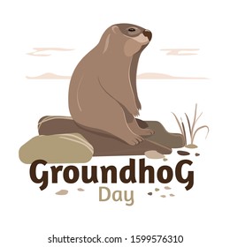 The Groundhog, sad, sits on the rocks and looks into the void, meditating. Vector image on a white background. groundhog day.