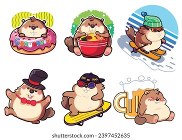 Groundhog Semi-Cartoon-Stil Illustration multipleaktivität, essen Regen, Ski, Sketeboard, Donut, für das Konzept des Groundhog Day.