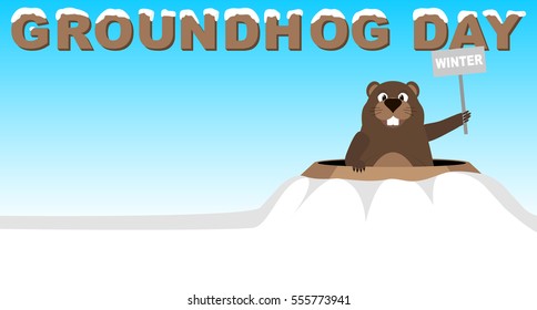 Groundhog shows a sign saying Winter peeking out of the hole. Groundhog Day