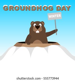 Groundhog shows a sign saying Winter peeking out of the hole. Groundhog Day