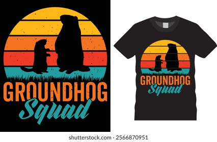 Groundhog squad retro vintage t-shirt design. Funny Groundhogs lovers t Shirts, cute woodchucks animal gift tee shirts, Groundhog Day unique and eye-catching best colorful t shirts design