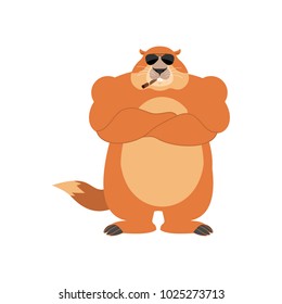 Groundhog Strong Cool serious. Woodchuck smoking cigar emoji. Marmot strict. Groundhog day Vector illustration