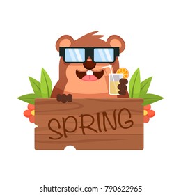 groundhog in sunglasses holding wooden plate with spring text, leafs and flowers. cartoon vector illustration. isolated on white background