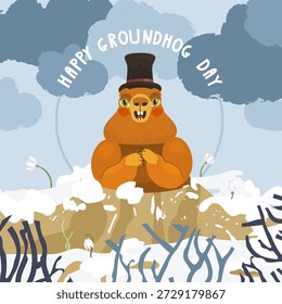Una marmota en un sombrero de copa salió de un agujero contra un fondo de cielo gris y nubes y la inscripción feliz día de marmota alrededor del agujero hay nieve y gotas de nieve