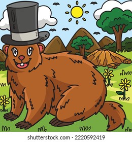 Groundhog Top Hat Colored Cartoon Illustration