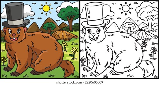 Groundhog with Top Hat Coloring Page Illustration