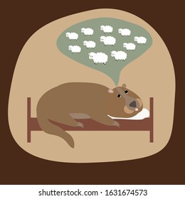 Groundhog try to fall asleep and count sheeps.Climate change concept.Groundhog day banner.Vector illustration.Isolated elements