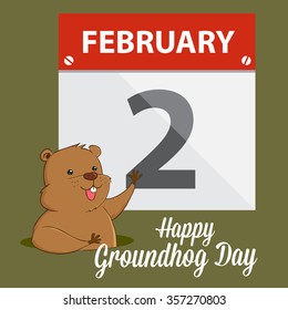 Groundhog waving in front of calendar, happy groundhog greeting vector illustration