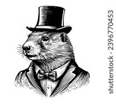 groundhog wearing vintage suit and top hat vector sketch