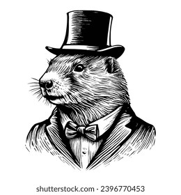 groundhog wearing vintage suit and top hat vector sketch