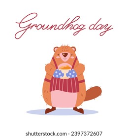 The groundhog welcomes spring in an apron and a pie. Vector illustration
