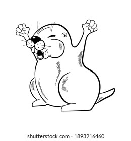 The groundhog yawns and stretches. Illustration in the style of a sketch. Vector isolated on a white background.