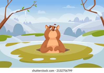 Groundhogs background. Time loop day concept cartoon illustration with wild animal character groundhog in action pose exact vector template