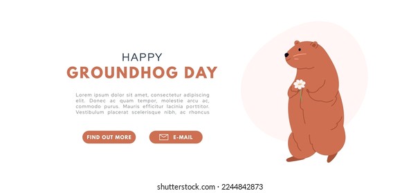 Groundhogs banner. Happy groundhog day. Marmot or beaver wild animal relax. Flat vector illustration