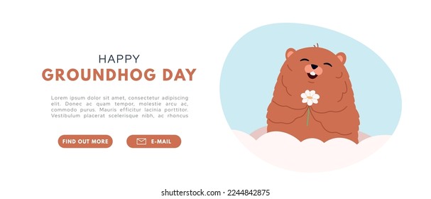 Groundhogs banner. Happy groundhog day. Marmot or beaver wild animal relax. Flat vector illustration